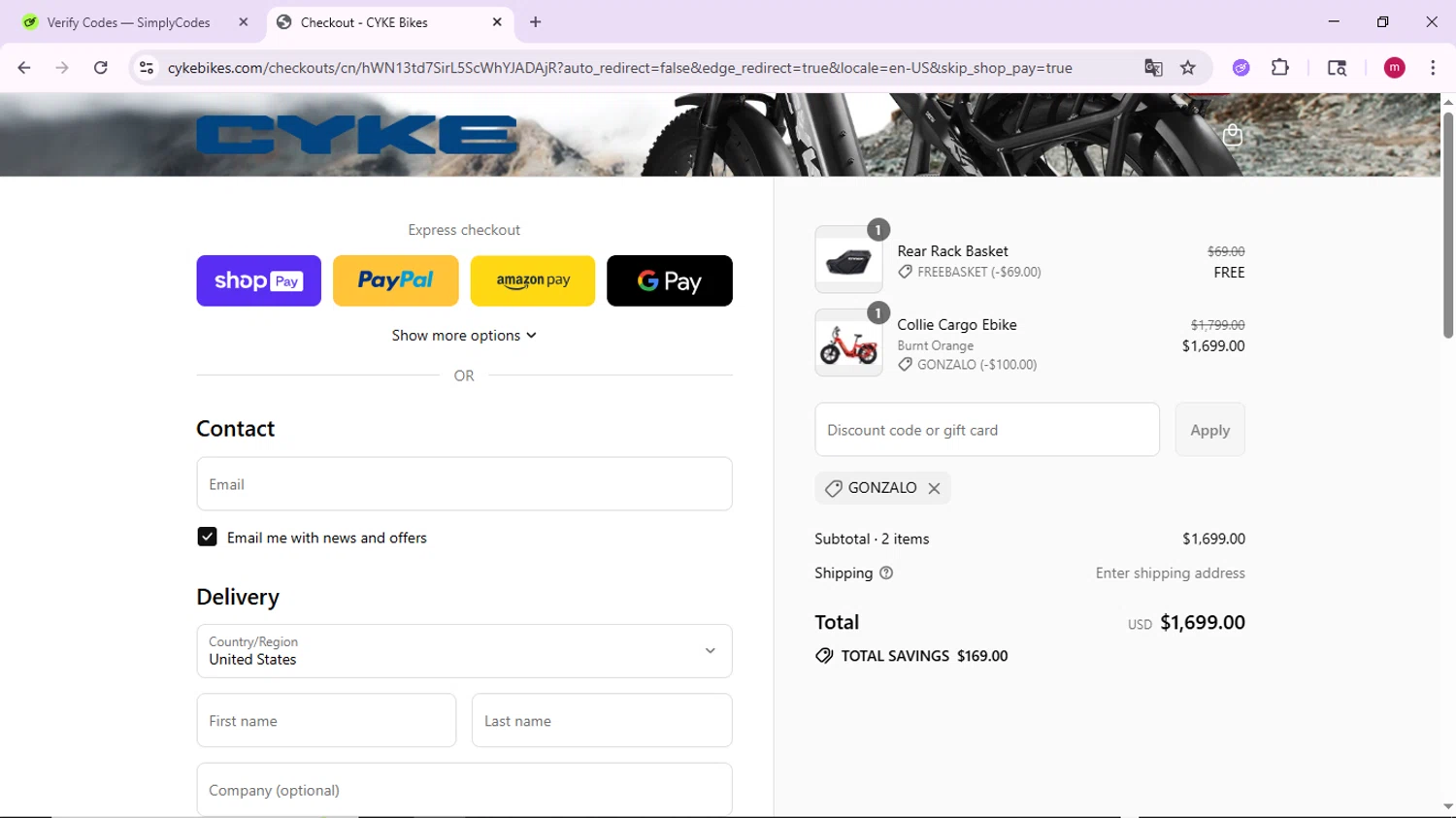CYKE Bikes promo code screenshot showing code Gonzalo applied at CYKE Bikes checkout page. Uploaded by SimplyCodes community member PrimeSage7080 on Jul 26, 2025