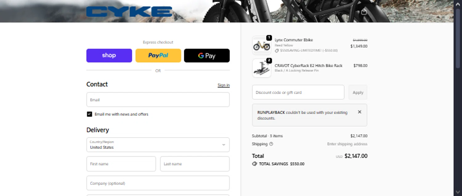 CYKE Bikes promo code screenshot showing code RUNPLAYBACK applied at CYKE Bikes checkout page. Uploaded by SimplyCodes community member TraxoGamer on Dec 21, 2025