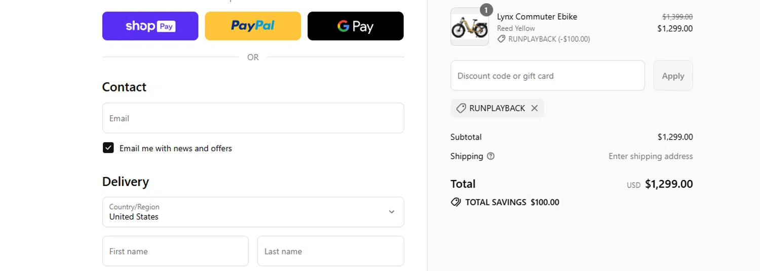CYKE Bikes promo code screenshot showing code RUNPLAYBACK applied at CYKE Bikes checkout page. Uploaded by SimplyCodes community member ashe1986 on Jul 14, 2025