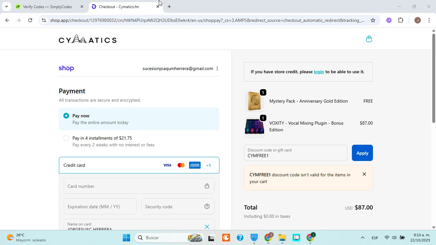 Cymatics.fm promo code screenshot showing code CYMFREE1 applied at Cymatics.fm checkout page. Uploaded by SimplyCodes community member ABHF23 on Oct 22, 2025