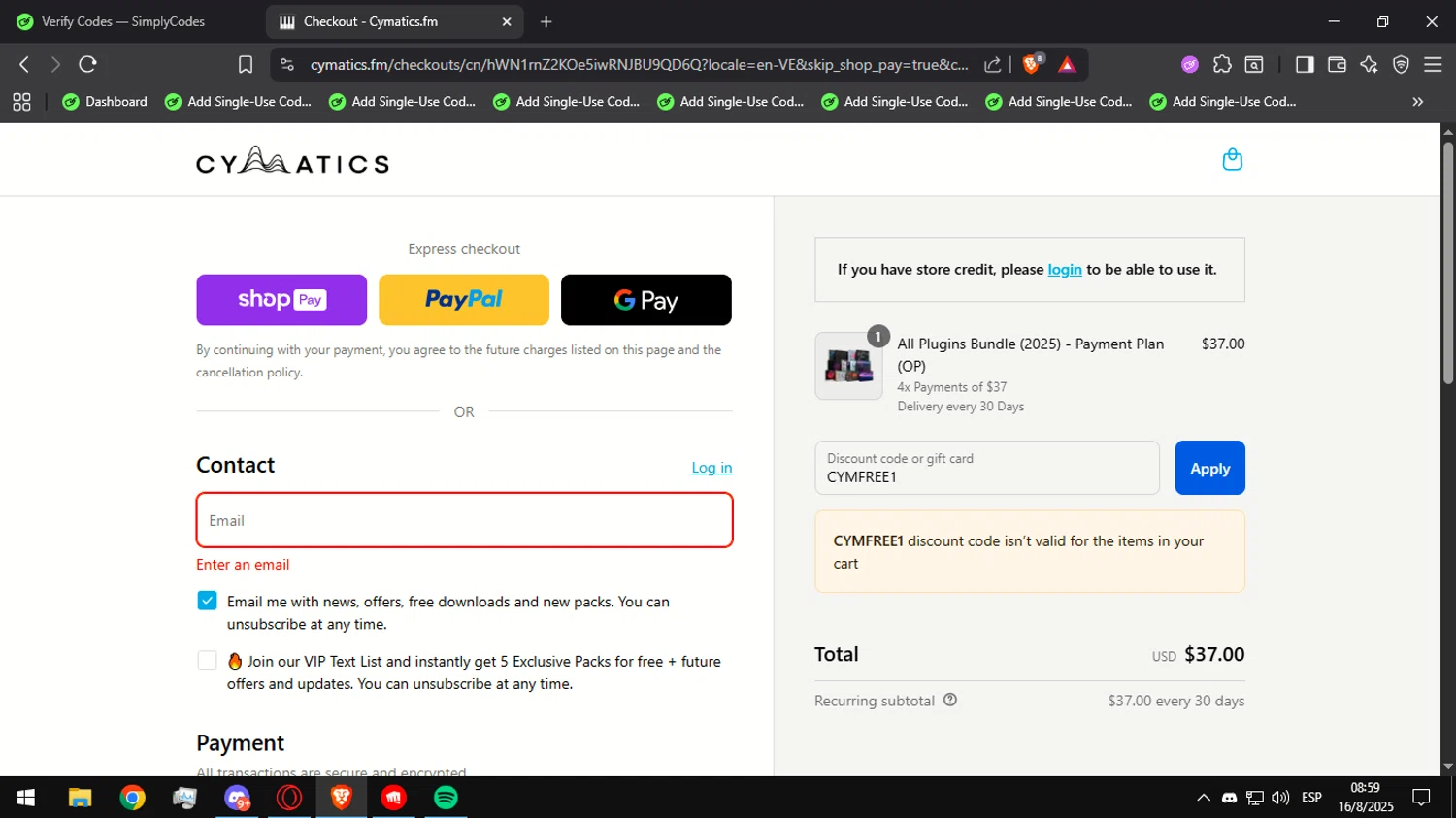 Cymatics.fm promo code screenshot showing code CYMFREE1 applied at Cymatics.fm checkout page. Uploaded by SimplyCodes community member Ultrapapu on Aug 16, 2025