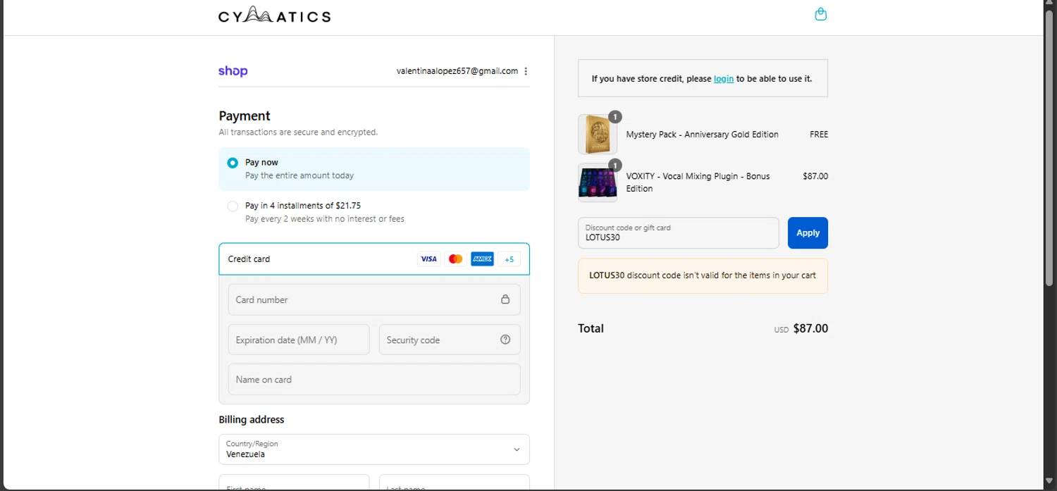 Cymatics.fm promo code screenshot showing code LOTUS30 applied at Cymatics.fm checkout page. Uploaded by SimplyCodes community member Nicoletorres on Sep 16, 2025