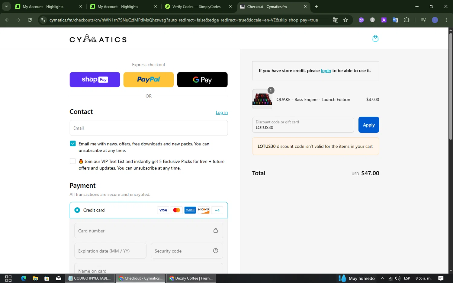 Cymatics.fm promo code screenshot showing code LOTUS30 applied at Cymatics.fm checkout page. Uploaded by SimplyCodes community member SmartMaven8764 on Aug 16, 2025