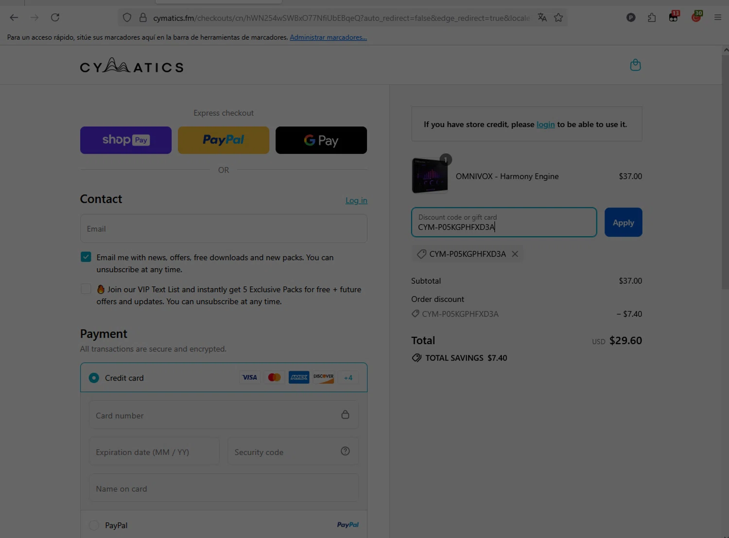 Cymatics.fm promo code screenshot showing code CYM-P05KGPHFXD3A applied at Cymatics.fm checkout page. Uploaded by SimplyCodes community member CleverFox1674 on Aug 22, 2025