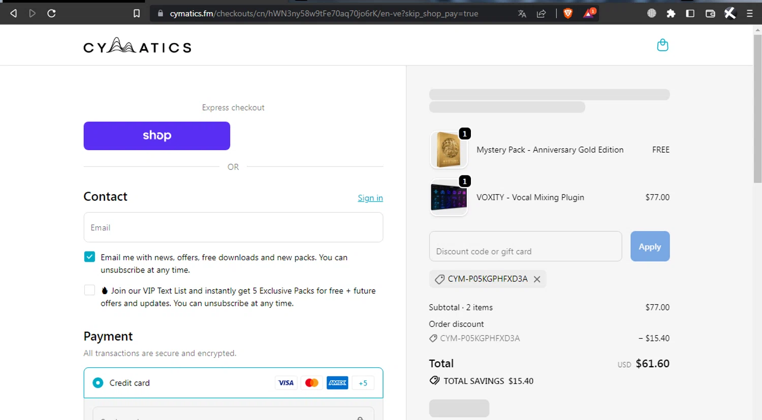 Cymatics.fm promo code screenshot showing code CYM-P05KGPHFXD3A applied at Cymatics.fm checkout page. Uploaded by SimplyCodes community member l2994552451687 on Oct 6, 2025