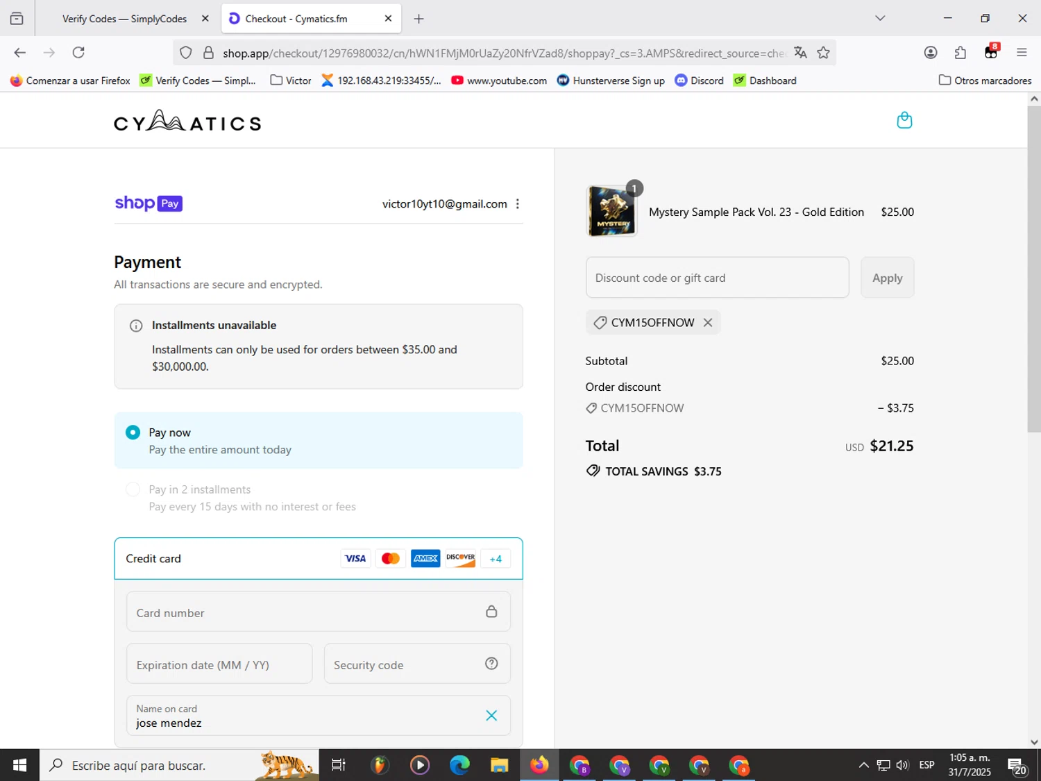 Cymatics.fm promo code screenshot showing code CYM15OFFNOW applied at Cymatics.fm checkout page. Uploaded by SimplyCodes community member Garou_Y2K on Jul 31, 2025