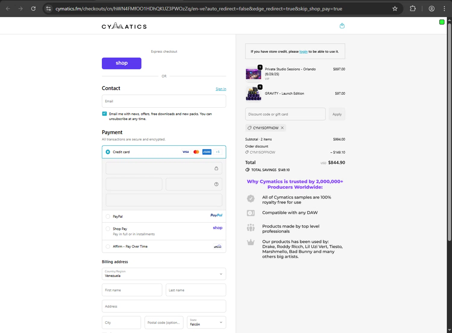 Cymatics.fm promo code screenshot showing code CYM15OFFNOW applied at Cymatics.fm checkout page. Uploaded by SimplyCodes community member MRDEAL on Oct 18, 2025