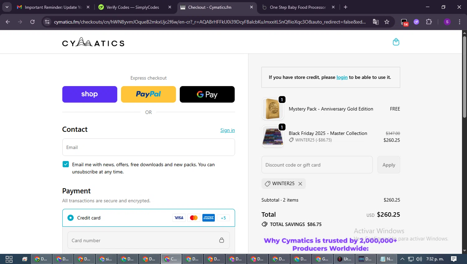 Cymatics.fm promo code screenshot showing code Winter25 applied at Cymatics.fm checkout page. Uploaded by SimplyCodes community member ShieldWarden7838 on Feb 19, 2026