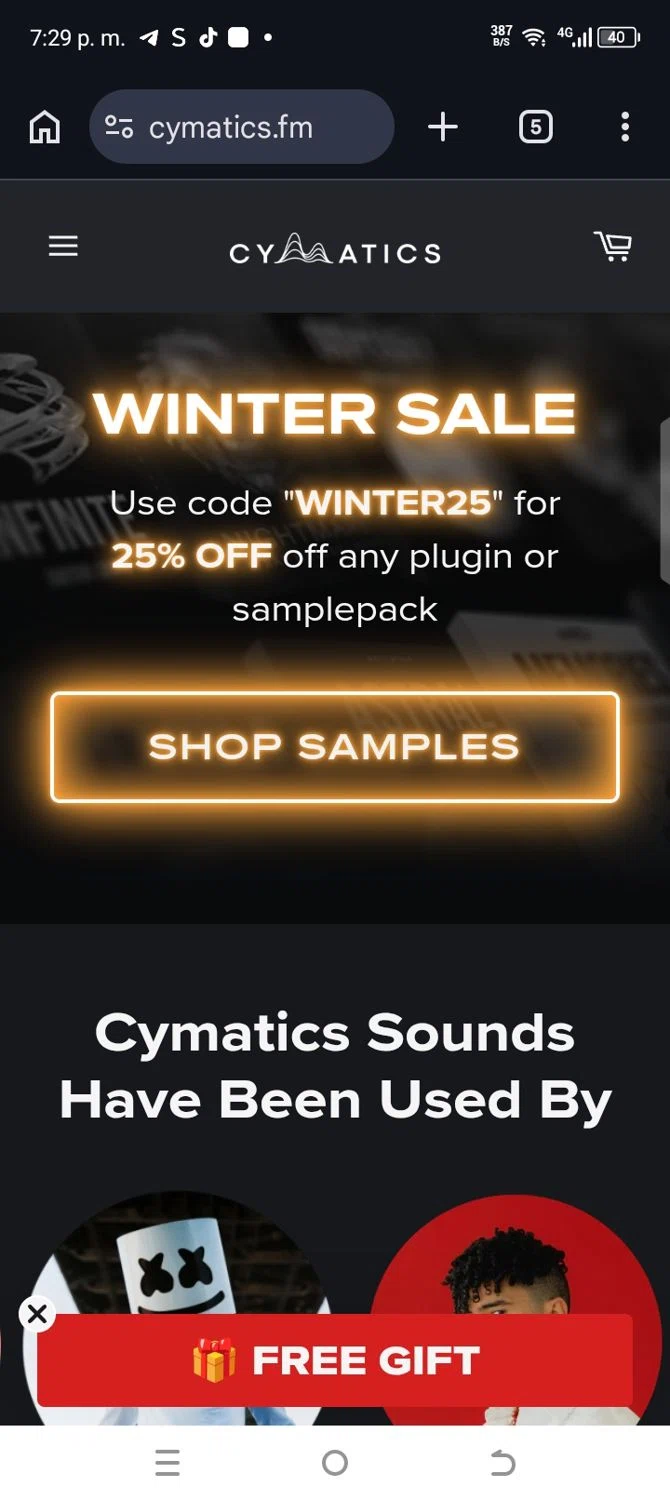 Cymatics.fm promo code screenshot showing code Winter25 applied at Cymatics.fm checkout page. Uploaded by SimplyCodes community member kellymoreno on Feb 19, 2026