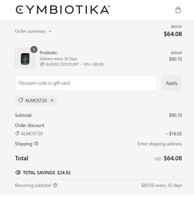 Cymbiotika checkout page showing Cymbiotika discount code box | Screenshot taken by SimplyCodes community member on Jan 19, 2025