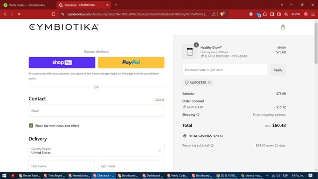 Cymbiotika checkout page showing Cymbiotika discount code box | Screenshot taken by SimplyCodes community member on Jan 19, 2025