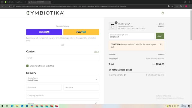 Cymbiotika checkout page showing Cymbiotika discount code box | Screenshot taken by SimplyCodes community member on Jan 21, 2025