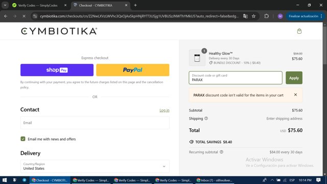 Cymbiotika checkout page showing Cymbiotika discount code box | Screenshot taken by SimplyCodes community member on Jan 26, 2025
