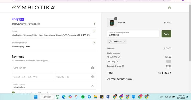 Cymbiotika checkout page showing Cymbiotika discount code box | Screenshot taken by SimplyCodes community member on Jan 21, 2025