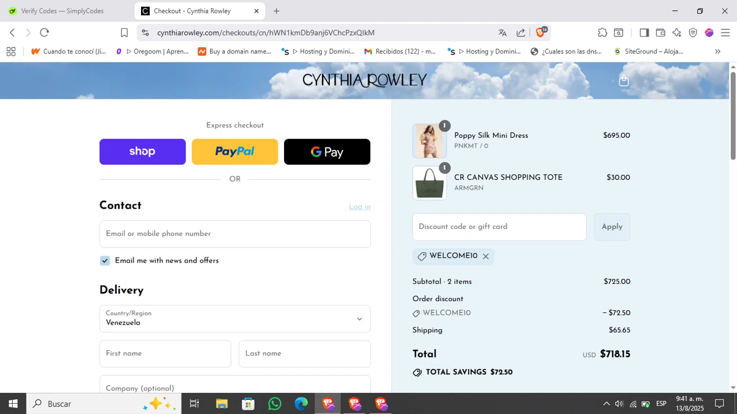 Cynthia Rowley coupon code screenshot showing code welcome10 applied at Cynthia Rowley checkout page. Uploaded by SimplyCodes community member Kimberly on Aug 13, 2025
