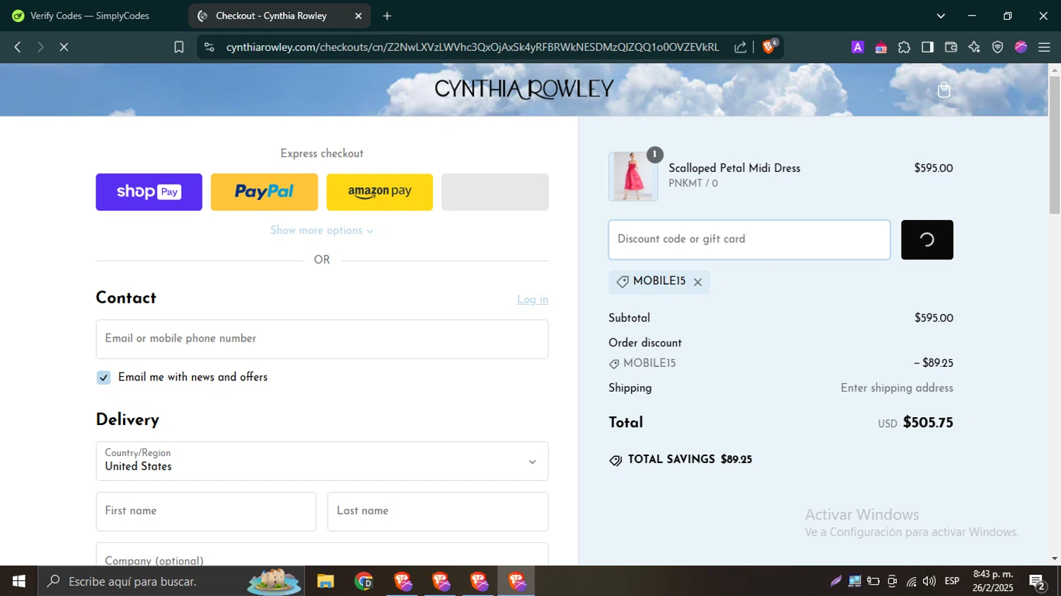 Cynthia Rowley coupon code screenshot showing code MOBILE15 applied at Cynthia Rowley checkout page. Uploaded by SimplyCodes community member TokenTitan4464 on Feb 27, 2025