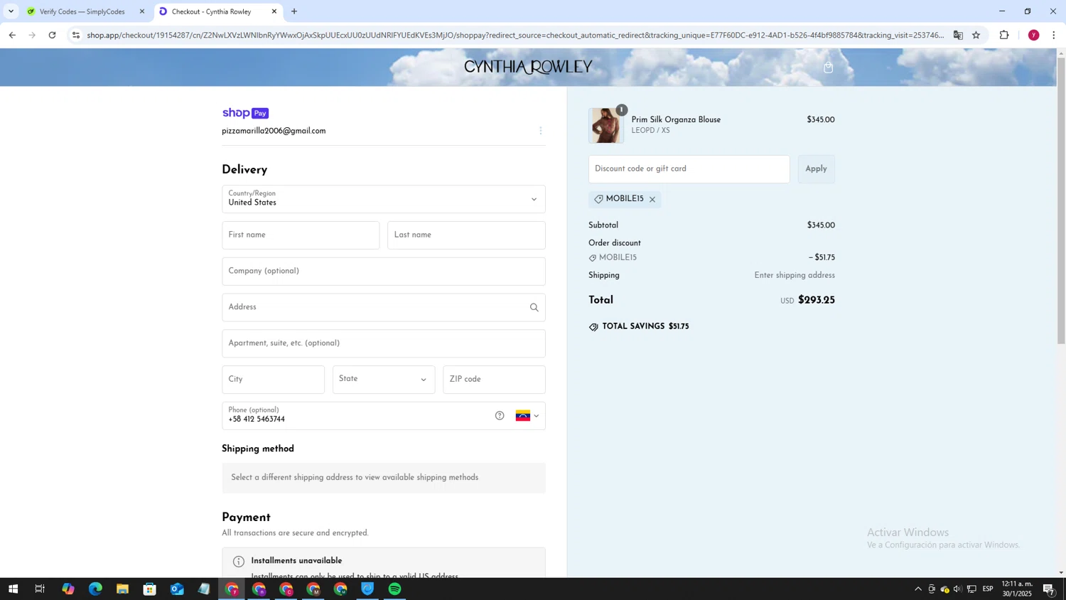 Cynthia Rowley coupon code screenshot showing code MOBILE15 applied at Cynthia Rowley checkout page. Uploaded by SimplyCodes community member ThriftyWizard1508 on Jan 30, 2025