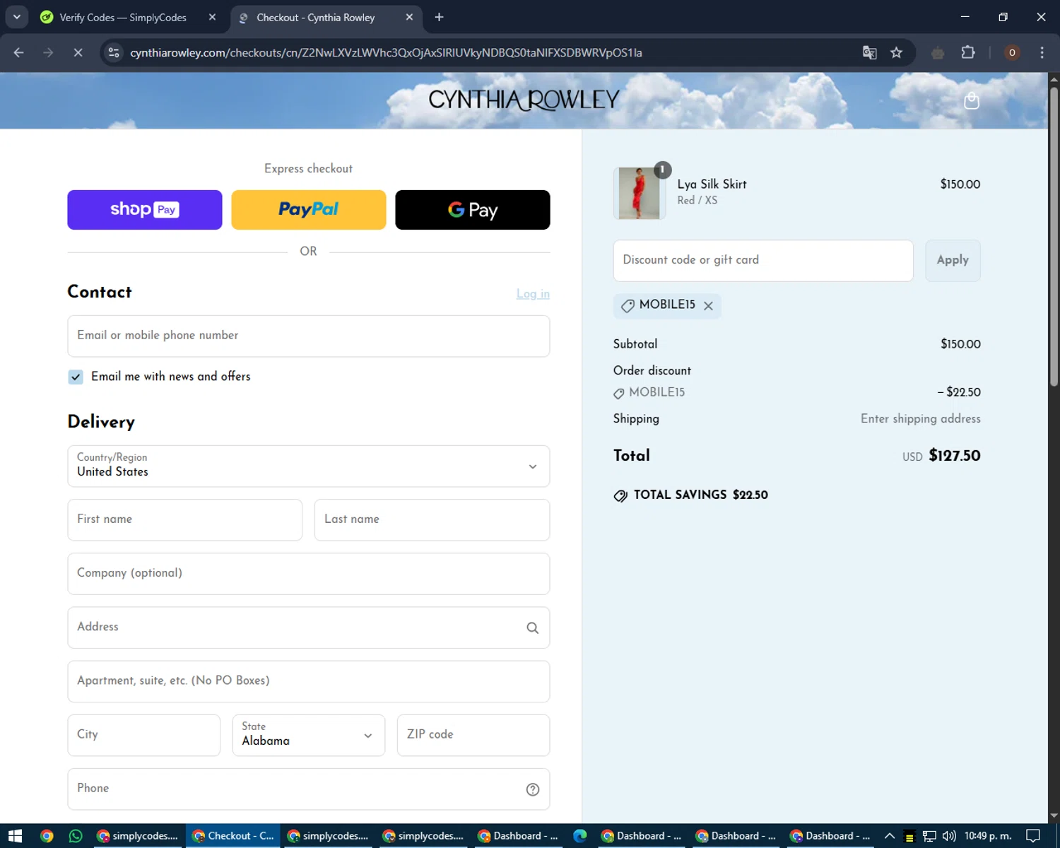 Cynthia Rowley coupon code screenshot showing code MOBILE15 applied at Cynthia Rowley checkout page. Uploaded by SimplyCodes community member LegendaryAdmiral8649 on May 6, 2025