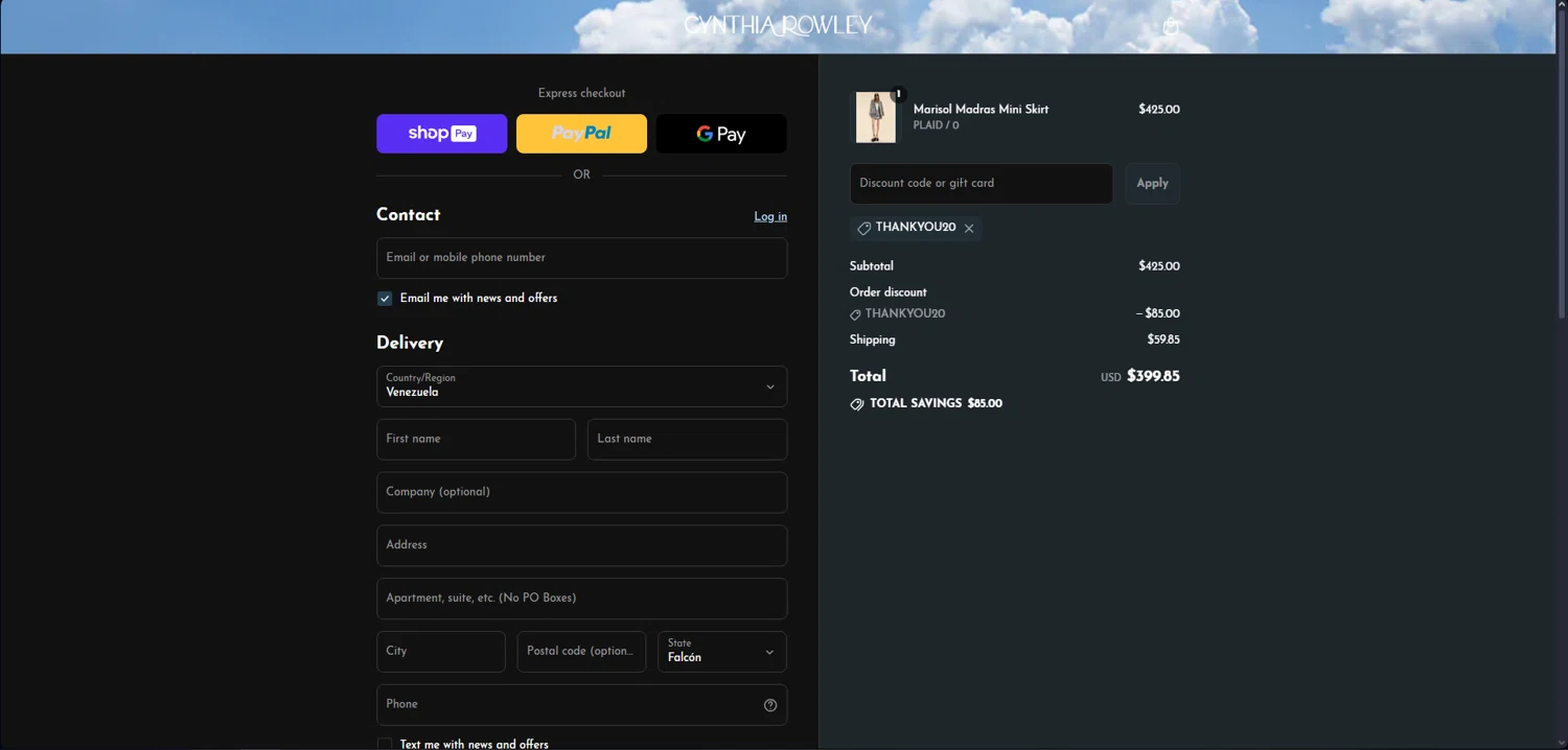 Cynthia Rowley coupon code screenshot showing code thankyou20 applied at Cynthia Rowley checkout page. Uploaded by SimplyCodes community member CashFinder8945 on Jul 14, 2025