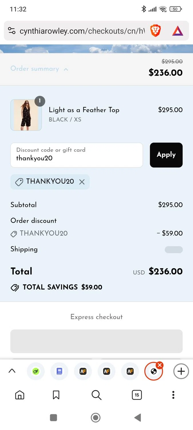 Cynthia Rowley coupon code screenshot showing code thankyou20 applied at Cynthia Rowley checkout page. Uploaded by SimplyCodes community member dial93mr_6961 on Aug 1, 2025
