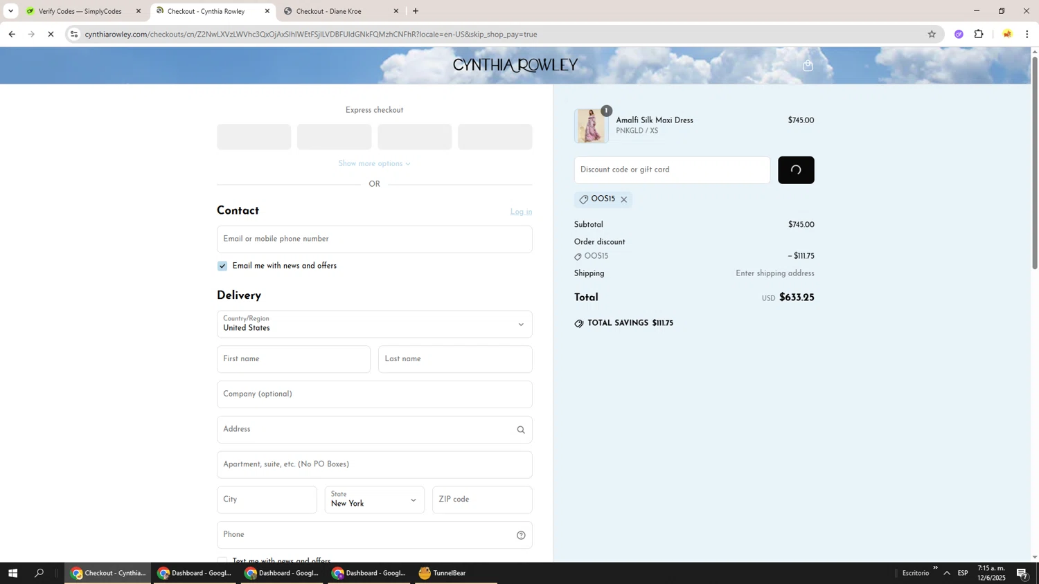 Cynthia Rowley coupon code screenshot showing code OOS15 applied at Cynthia Rowley checkout page. Uploaded by SimplyCodes community member Richard251 on Jun 12, 2025