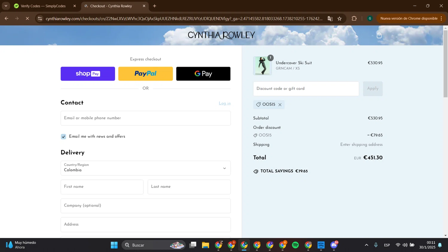 Cynthia Rowley coupon code screenshot showing code OOS15 applied at Cynthia Rowley checkout page. Uploaded by SimplyCodes community member ThriftyTitan786 on Jan 30, 2025