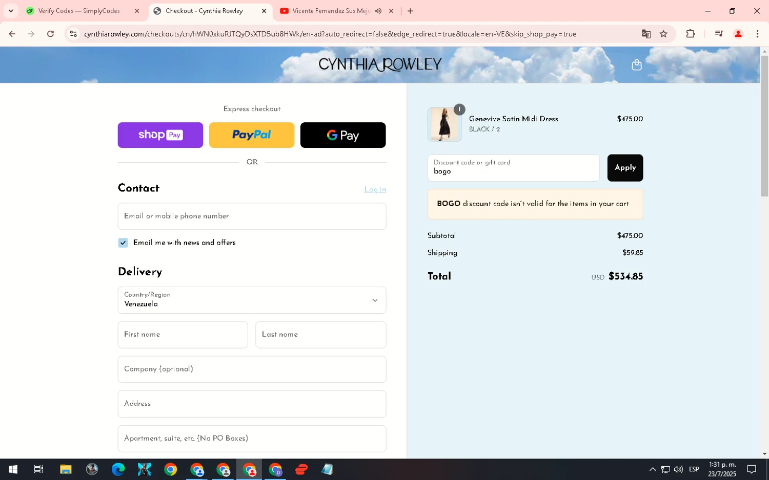 Cynthia Rowley coupon code screenshot showing code bogo applied at Cynthia Rowley checkout page. Uploaded by SimplyCodes community member WiseHero7115 on Jul 23, 2025