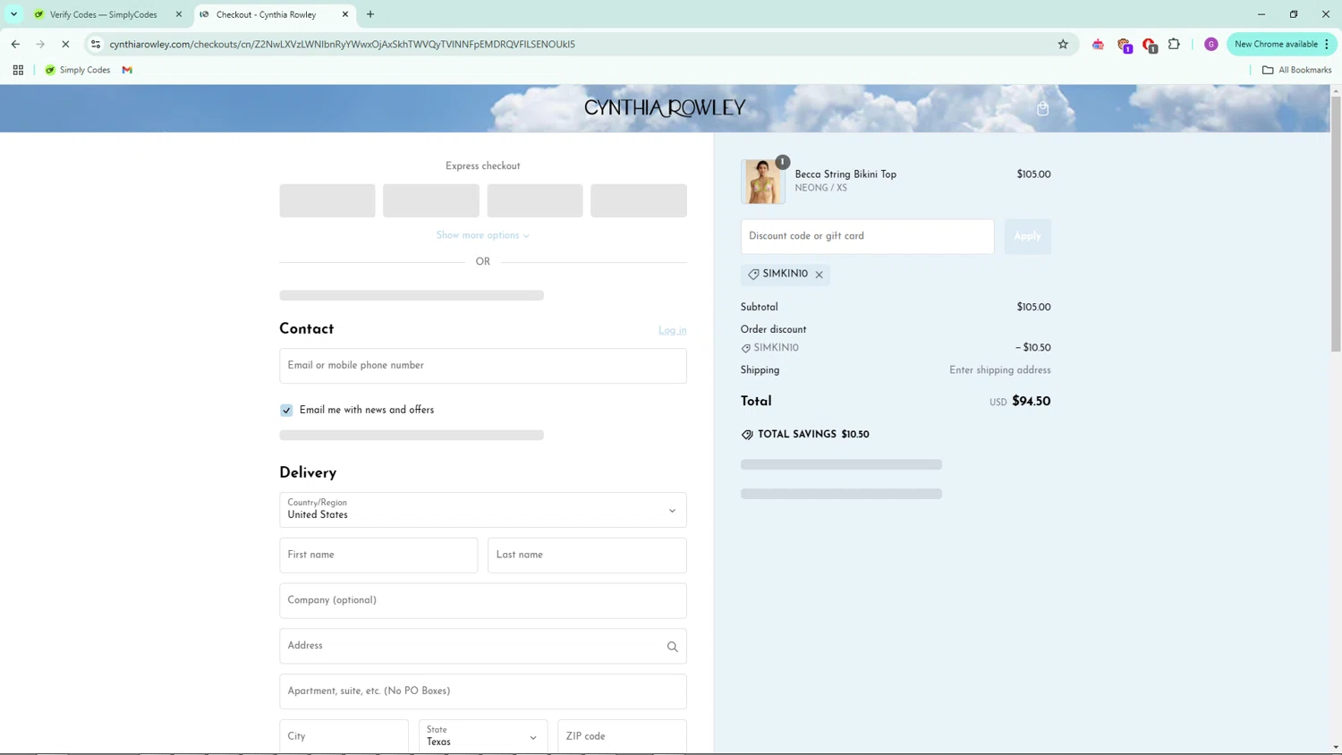 Cynthia Rowley coupon code screenshot showing code Simkin10 applied at Cynthia Rowley checkout page. Uploaded by SimplyCodes community member WiseWarden6423 on Jan 17, 2025