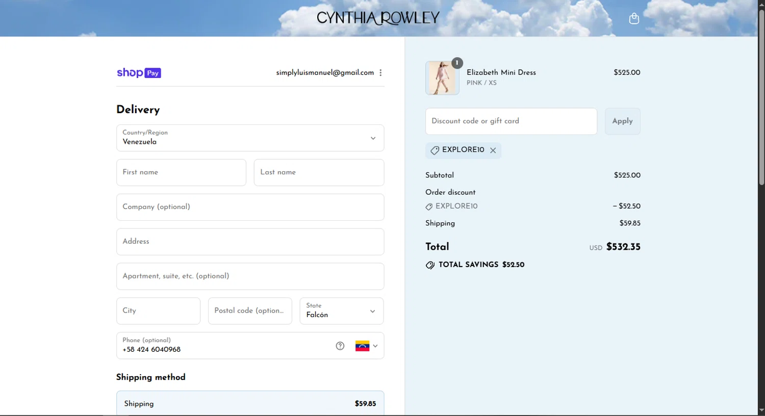 Cynthia Rowley coupon code screenshot showing code EXPLORE10 applied at Cynthia Rowley checkout page. Uploaded by SimplyCodes community member MoneyScout2554 on Aug 1, 2025