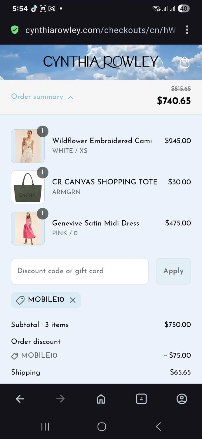 Cynthia Rowley coupon code screenshot showing code Mobile10 applied at Cynthia Rowley checkout page. Uploaded by SimplyCodes community member vida5254427716958 on Jul 25, 2025