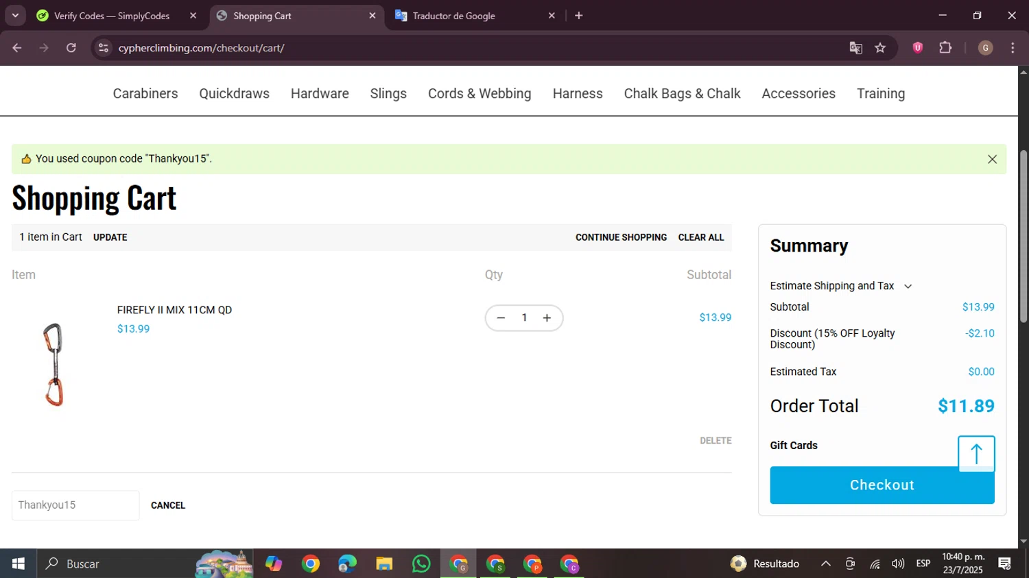 Cypher promo code screenshot showing code Thankyou15 applied at Cypher checkout page. Uploaded by SimplyCodes community member BrilliantTracker4207 on Jul 24, 2025