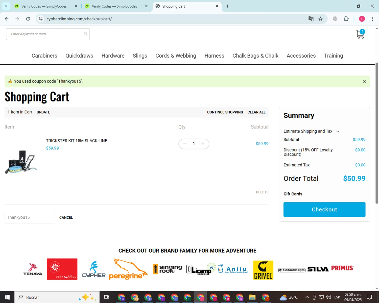Cypher promo code screenshot showing code Thankyou15 applied at Cypher checkout page. Uploaded by SimplyCodes community member BargainEagle9039 on Apr 9, 2025