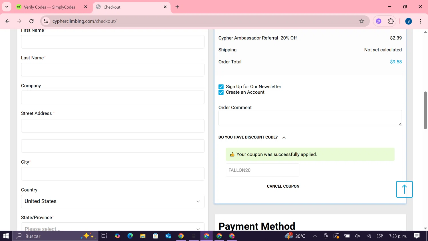 Cypher promo code screenshot showing code FALLON20 applied at Cypher checkout page. Uploaded by SimplyCodes community member MoneyTiger7289 on Jul 9, 2025