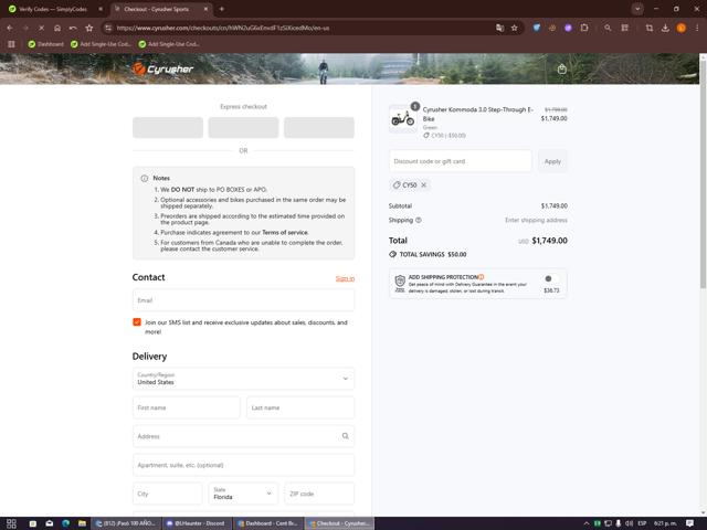 Cyrusher checkout page showing Cyrusher discount code box | Screenshot taken by SimplyCodes community member on Sep 12, 2025