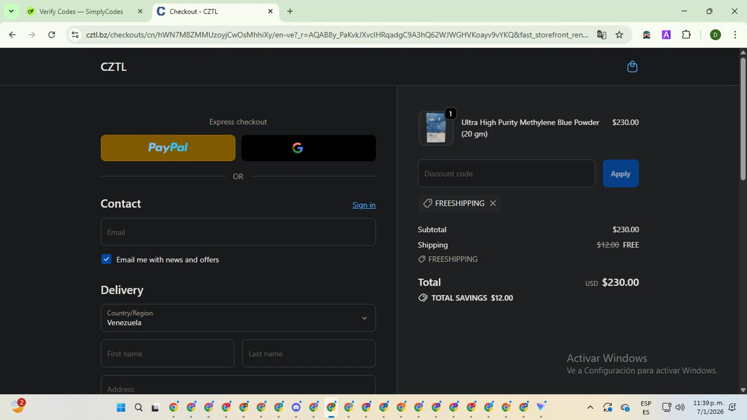 CZTL checkout page showing CZTL discount code box | Screenshot taken by SimplyCodes community member on Jan 8, 2026