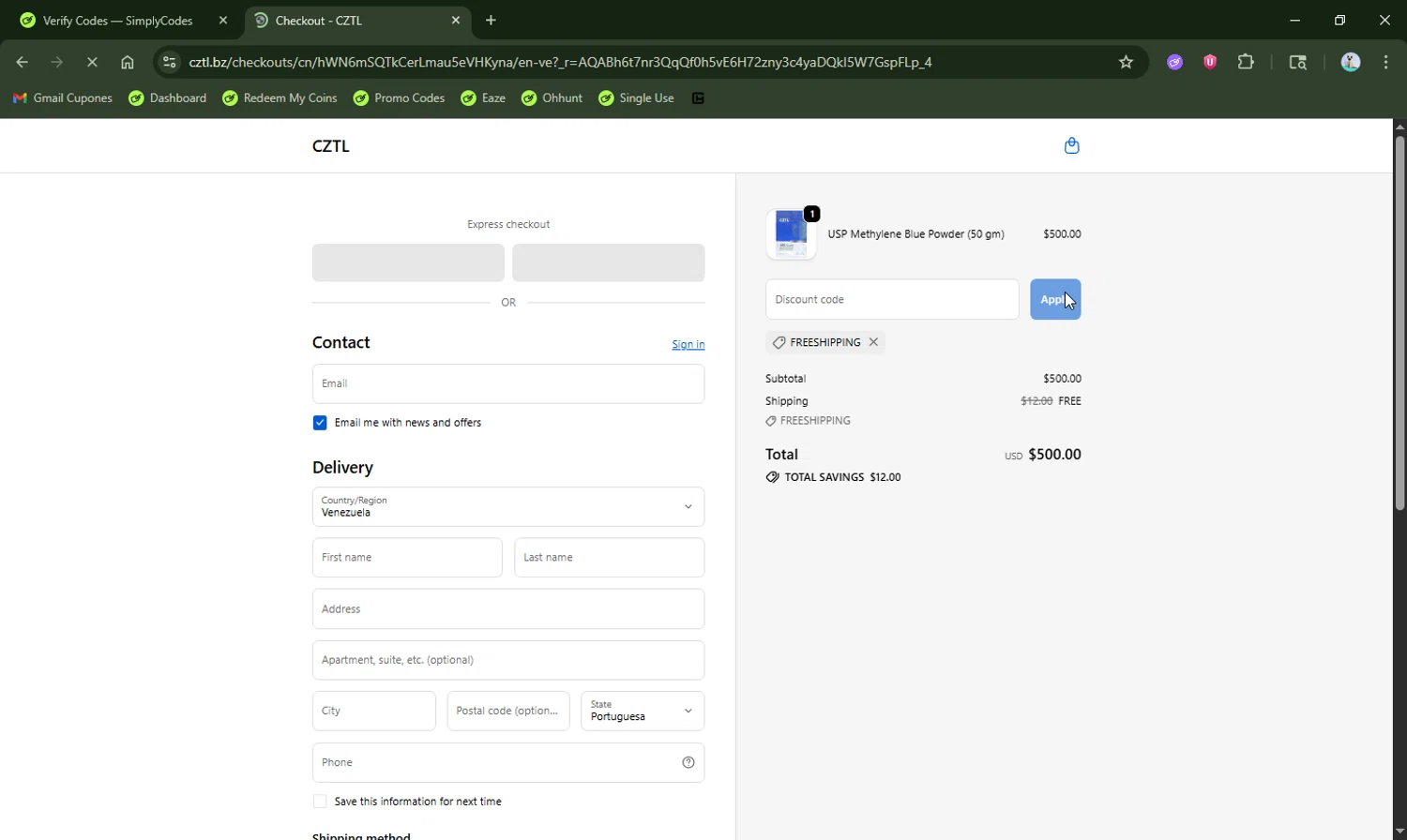 CZTL discount code screenshot showing code FREESHIPPING applied at CZTL checkout page. Uploaded by SimplyCodes community member LHaunter2 on Dec 23, 2025