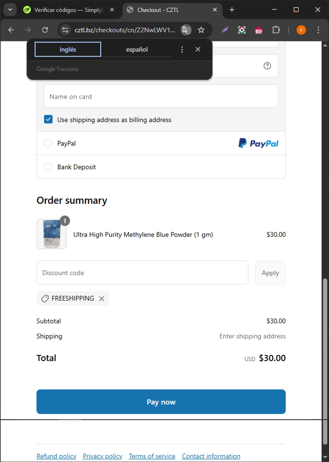 CZTL discount code screenshot showing code FREESHIPPING applied at CZTL checkout page. Uploaded by SimplyCodes community member ShrewdCaptain9911 on Apr 4, 2025