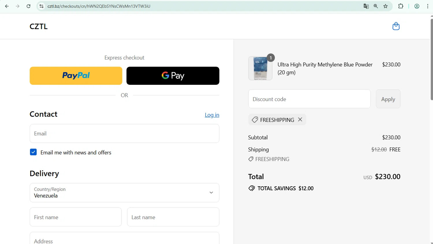 CZTL discount code screenshot showing code FREESHIPPING applied at CZTL checkout page. Uploaded by SimplyCodes community member richard007 on Aug 31, 2025