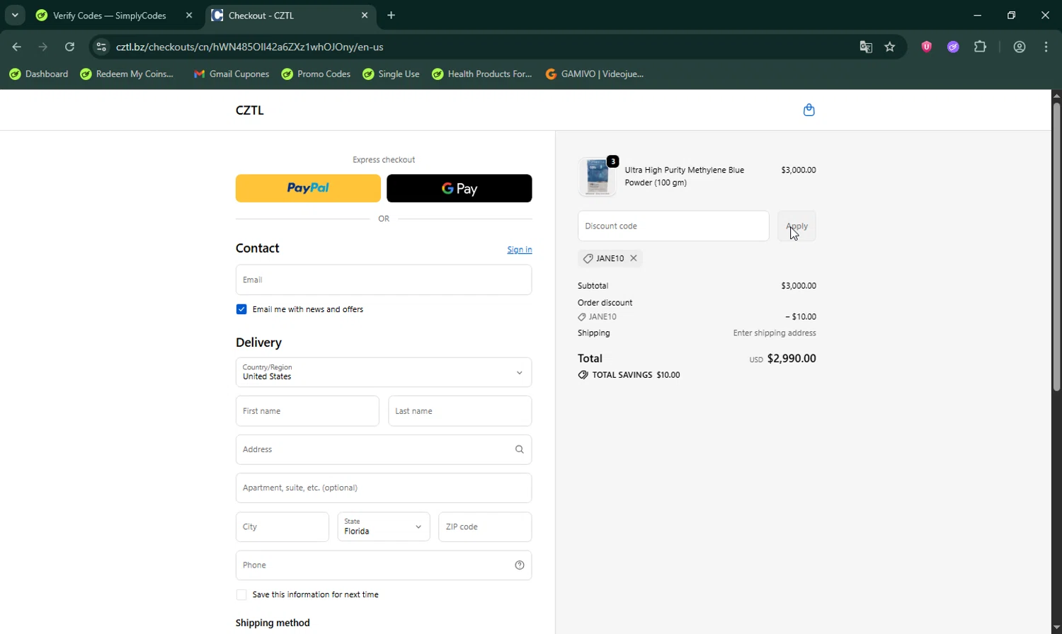 CZTL discount code screenshot showing code JANE10 applied at CZTL checkout page. Uploaded by SimplyCodes community member LHaunter on Oct 15, 2025