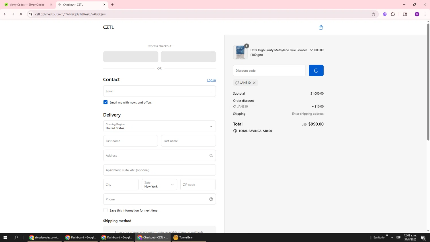 CZTL discount code screenshot showing code JANE10 applied at CZTL checkout page. Uploaded by SimplyCodes community member ukemochi on Aug 31, 2025