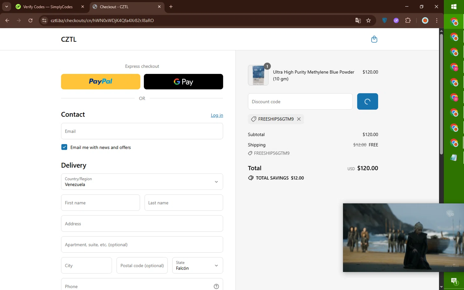 CZTL discount code screenshot showing code FREESHIP56GTM9 applied at CZTL checkout page. Uploaded by SimplyCodes community member DealElite4728 on Jul 23, 2025