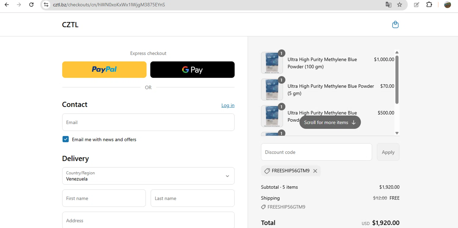 CZTL discount code screenshot showing code FREESHIP56GTM9 applied at CZTL checkout page. Uploaded by SimplyCodes community member FundoEsperanza on Jul 23, 2025