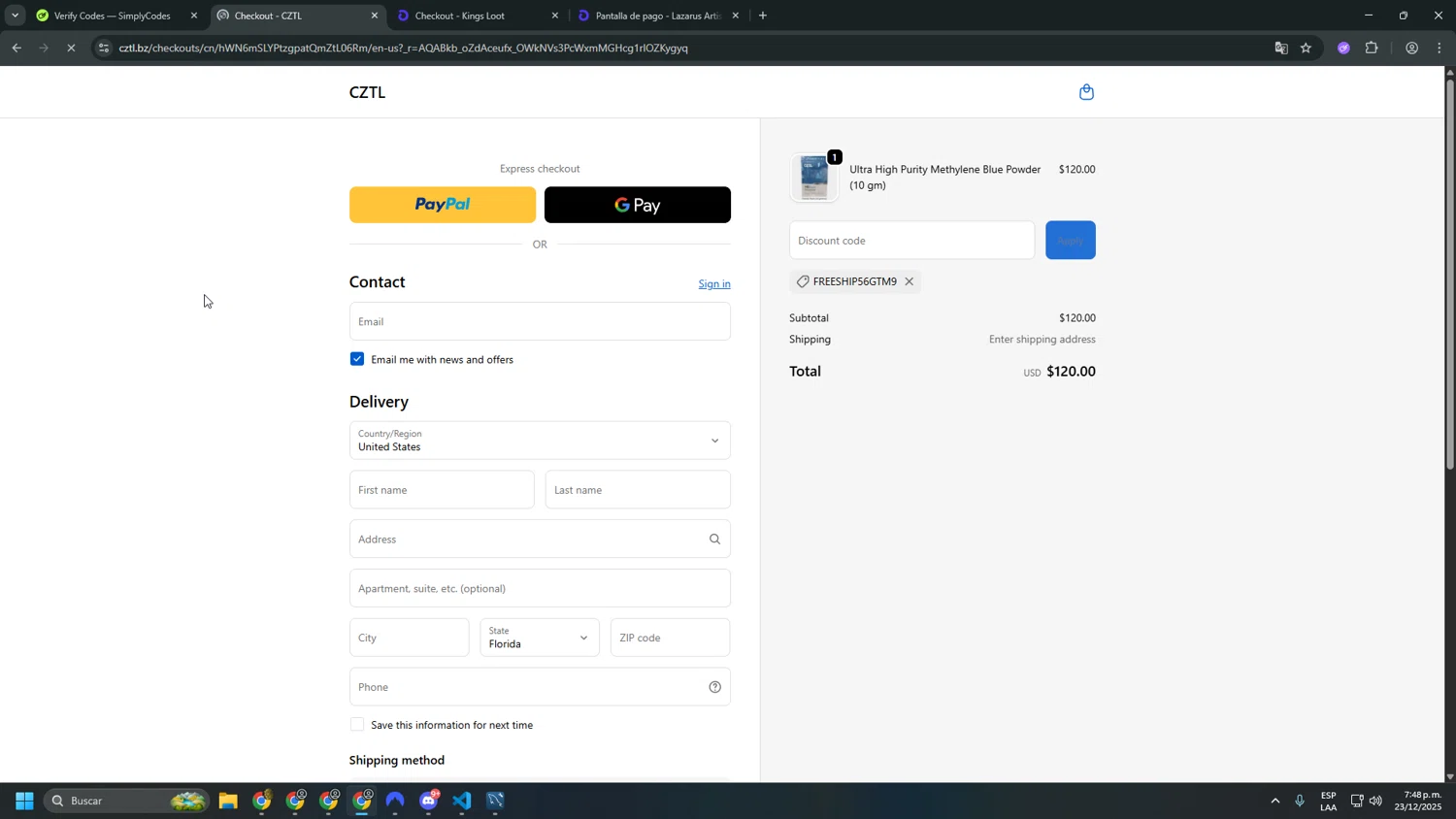 CZTL discount code screenshot showing code FREESHIP56GTM9 applied at CZTL checkout page. Uploaded by SimplyCodes community member yapaguelos20lucas on Dec 23, 2025