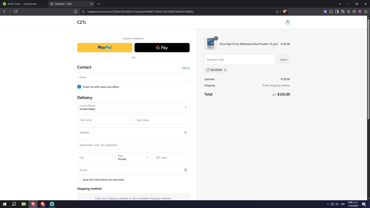 CZTL discount code screenshot showing code REORDER applied at CZTL checkout page. Uploaded by SimplyCodes community member Machi005 on Jun 12, 2025