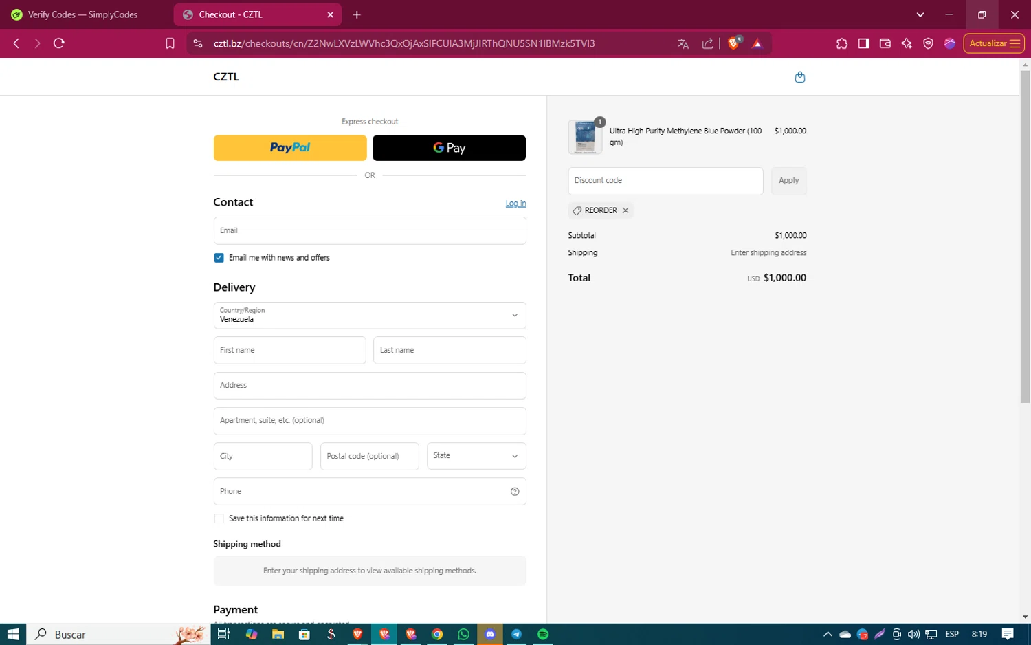 CZTL discount code screenshot showing code REORDER applied at CZTL checkout page. Uploaded by SimplyCodes community member ShinazugawaSanemi on Mar 27, 2025