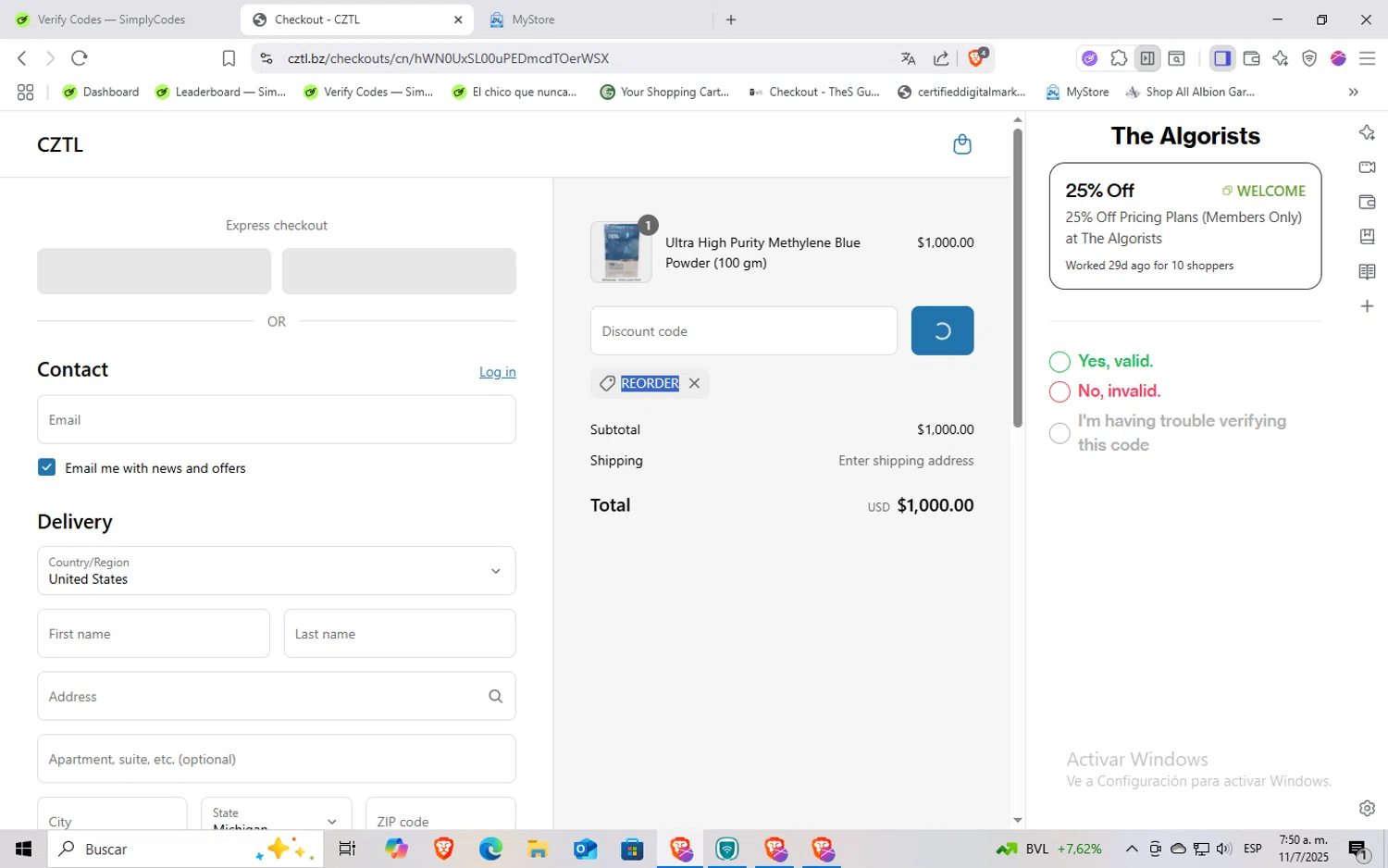 CZTL discount code screenshot showing code REORDER applied at CZTL checkout page. Uploaded by SimplyCodes community member Rayyyyyy on Jul 11, 2025