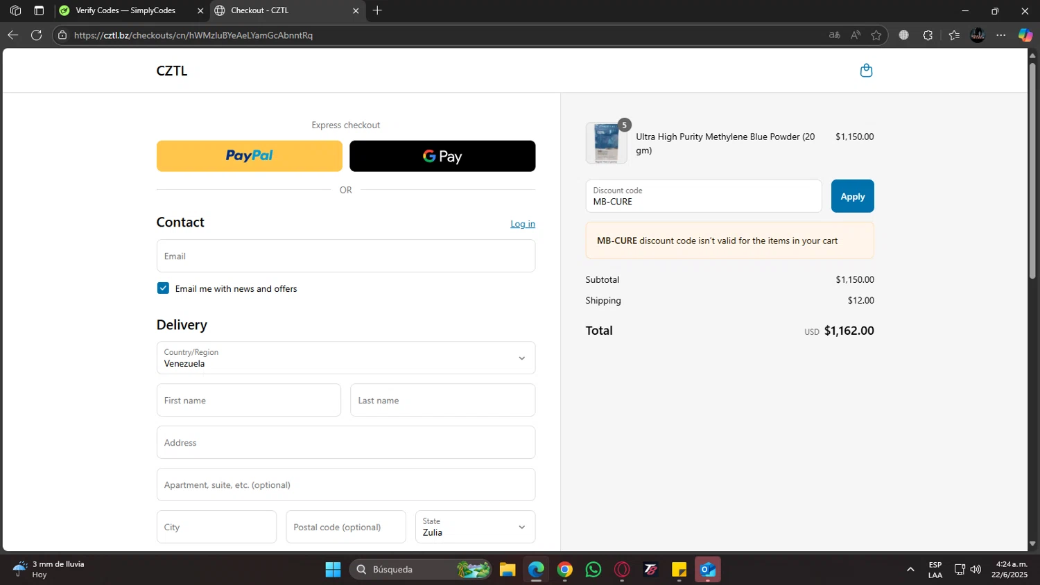CZTL discount code screenshot showing code MB-CURE applied at CZTL checkout page. Uploaded by SimplyCodes community member MoneyGenius452 on Jun 22, 2025