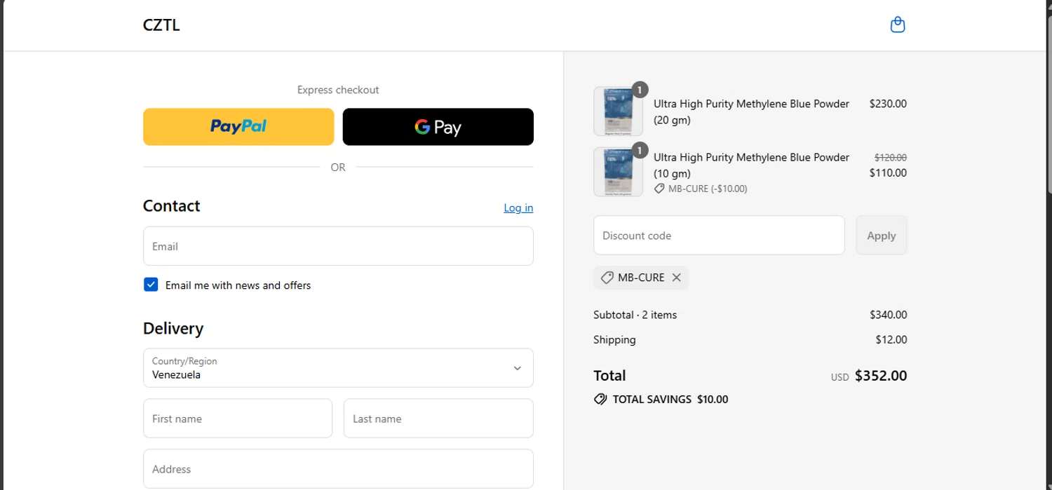CZTL discount code screenshot showing code MB-CURE applied at CZTL checkout page. Uploaded by SimplyCodes community member Nicoletorres on Sep 4, 2025