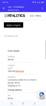 D1 Athletics coupon verification screenshot