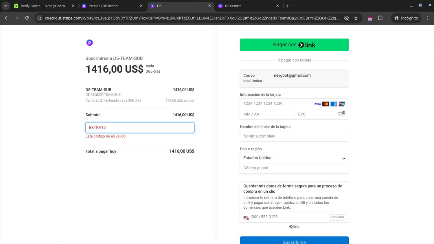 D5 Render promo code screenshot showing code EXTRA10 applied at D5 Render checkout page. Uploaded by SimplyCodes community member CRF250CC on Apr 9, 2025